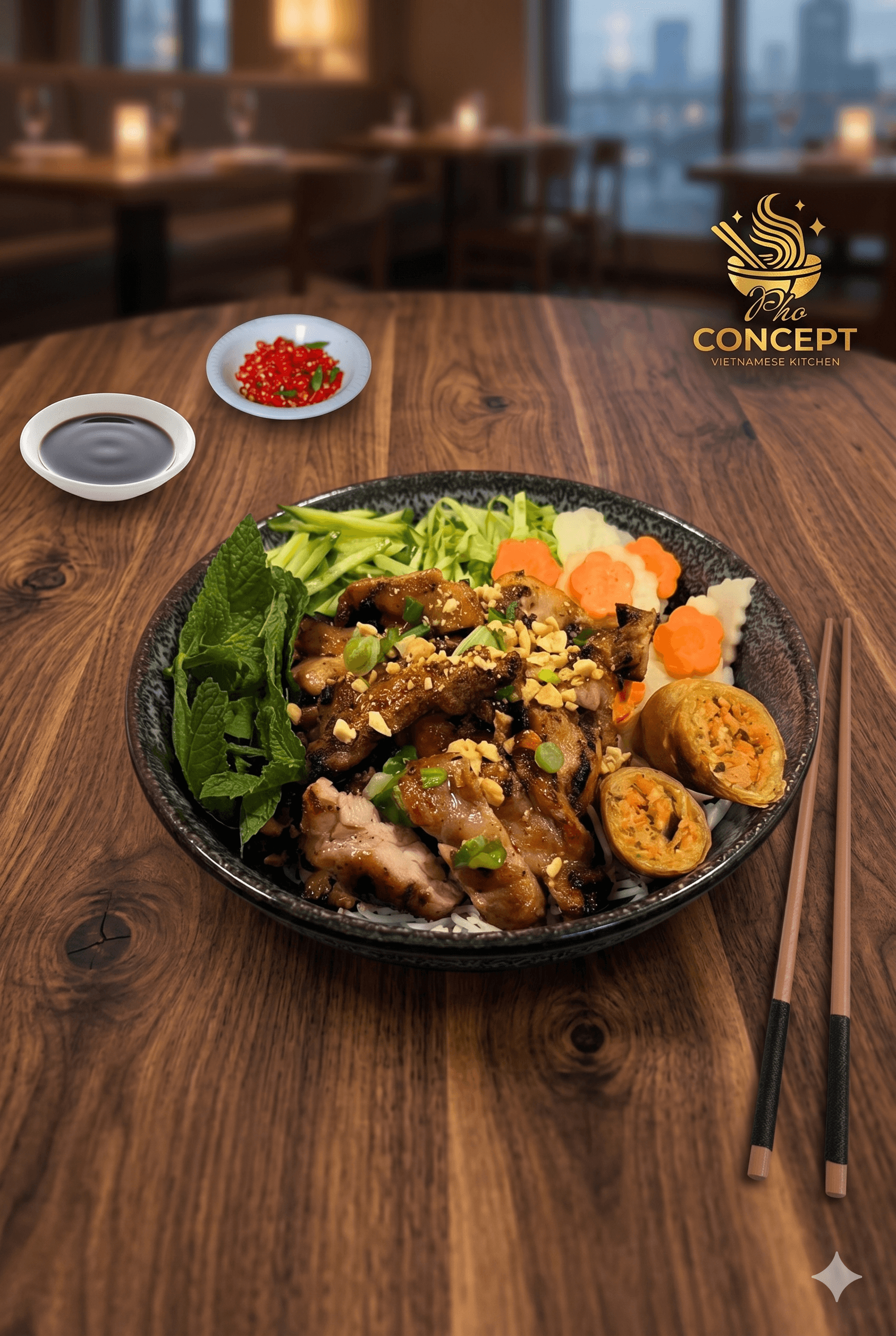 Bun thit nuong with grilled pork, peanuts, herbs, and sliced spring roll
