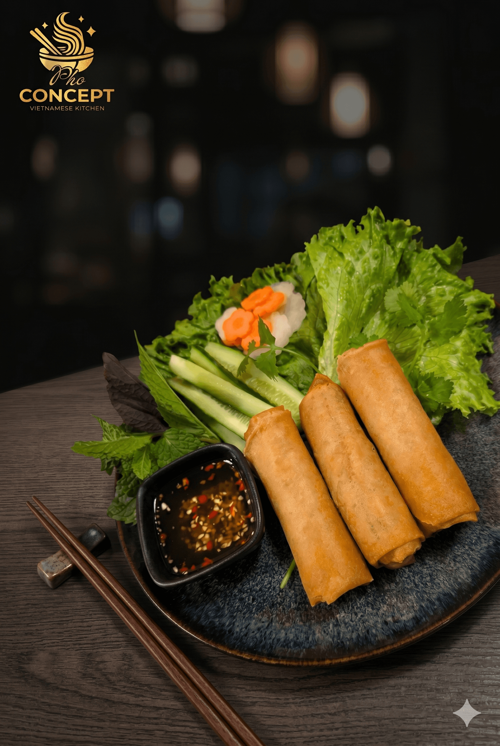 Crispy cha gio served with herbs, cucumber, and dipping sauce