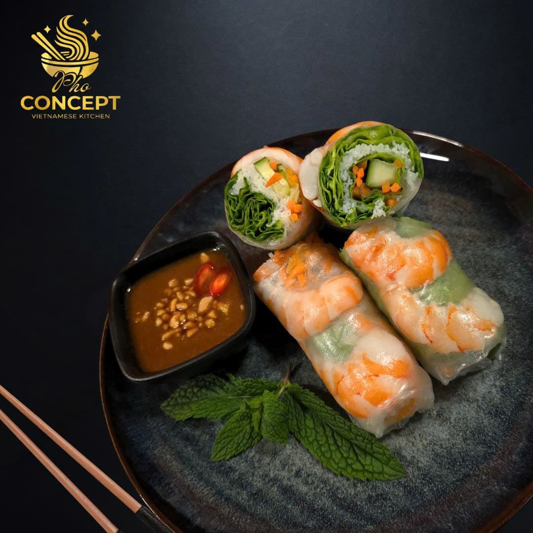 Fresh goi cuon with shrimp, herbs, rice vermicelli, and peanut sauce
