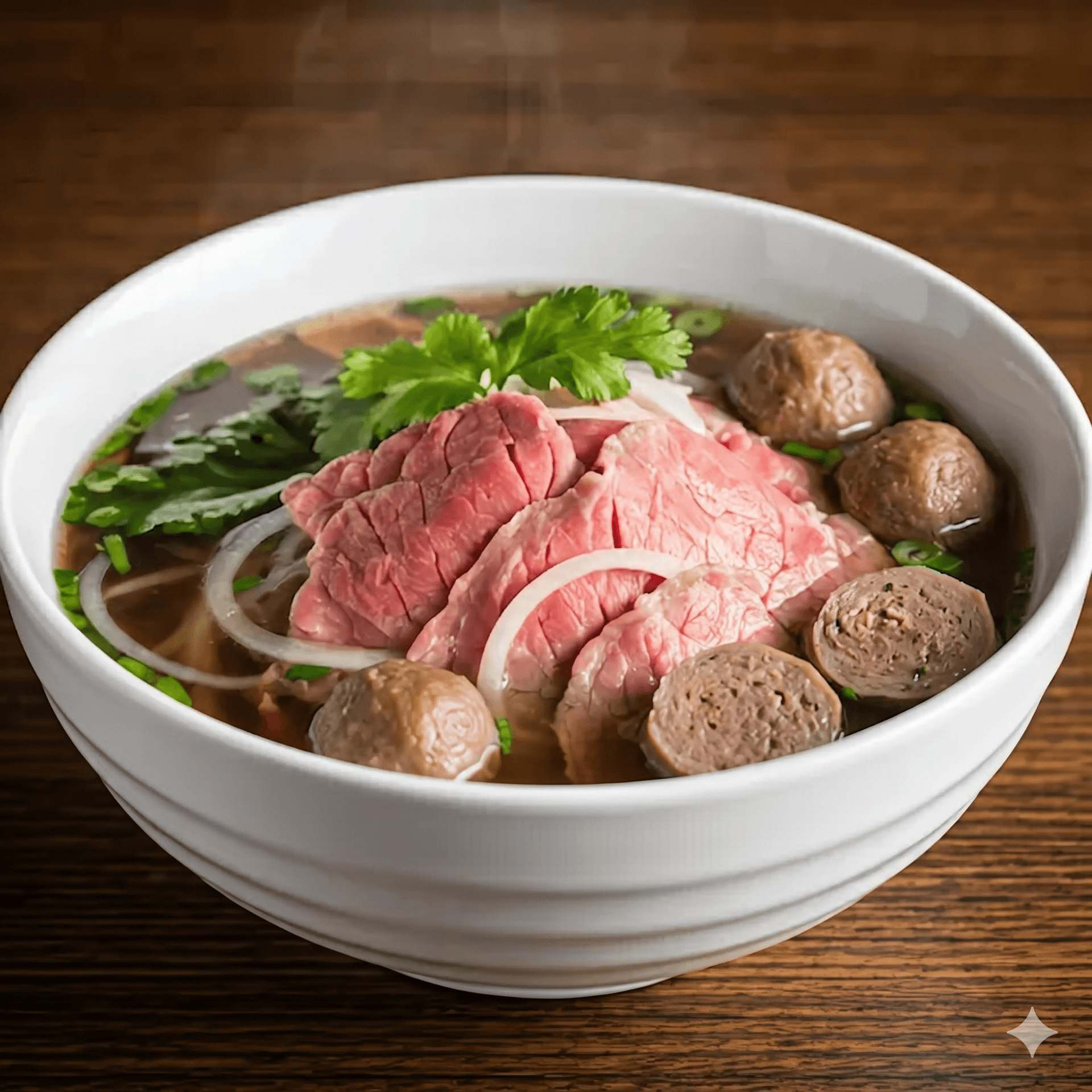 Golden pho broth being poured into bowl